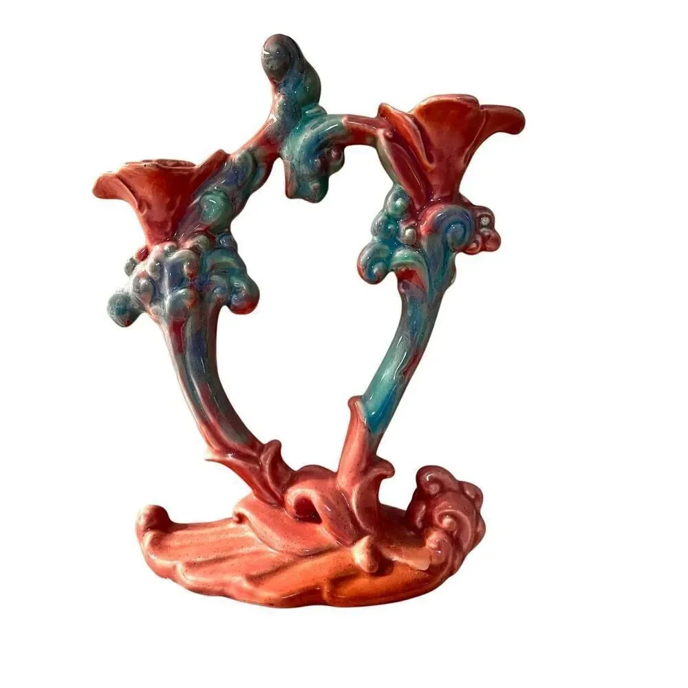 Vintage Royal Haeger Mauve Agate Twin Stalk Candle Holder Pink Blue Marble Glaze